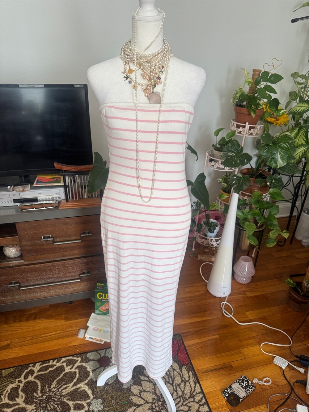 See You Monday Large Strapless Pink & White Stripe Maxi Dress